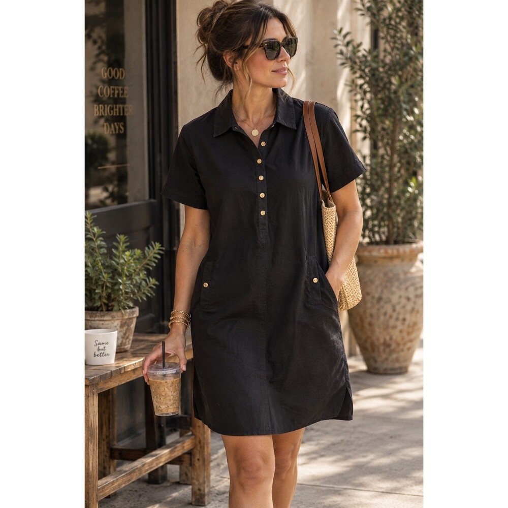 Pomander Place Black Cotton Gold Button Shirt Dress M Pockets Collared